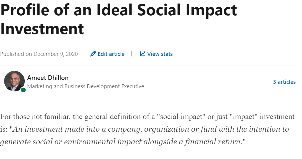 Profile of an Ideal Social Impact Investment